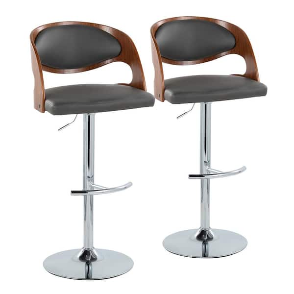 Lumisource Pino 33 in. Grey Faux Leather, Walnut Wood and Chrome Metal Adjustable Bar Stool with Rounded T Footrest (Set of 2)