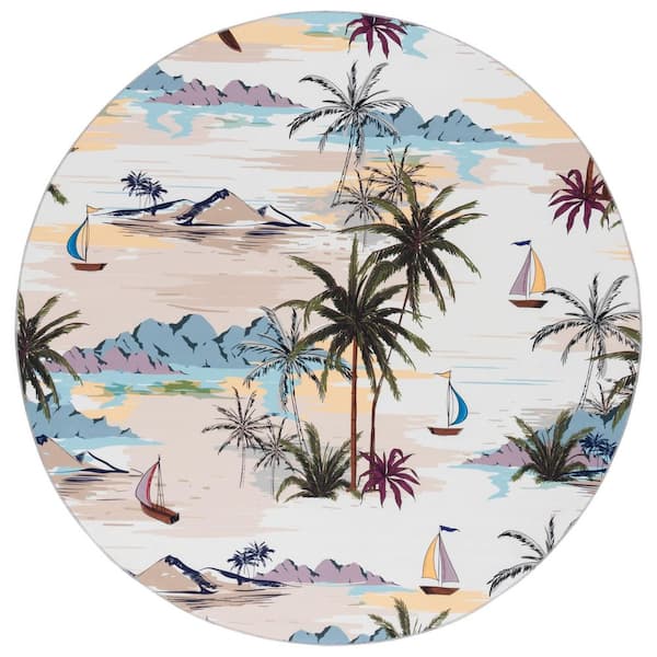 SAFAVIEH Malibu Ivory/Taupe  6 ft. x 6 ft. Machine Washable Tropical Round Area Rug