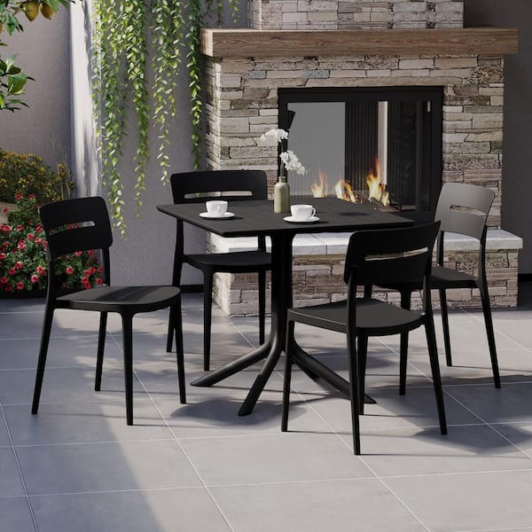 Frond and Form Black Plastic All Weather 5-Piece Square Table Modern Outdoor Patio Dining Set w/ 4 Stackable Chairs