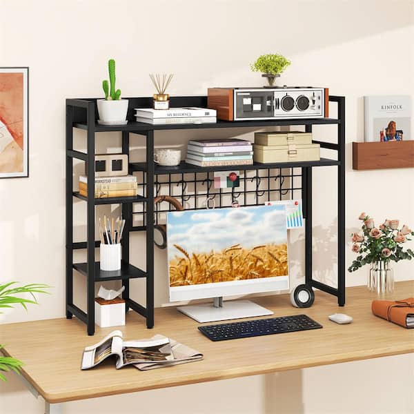 37 in. Black Desk Shelf w/ Storage Grid, Multipurpose Countertop Hutch for up to 32 in. Computer Monitors