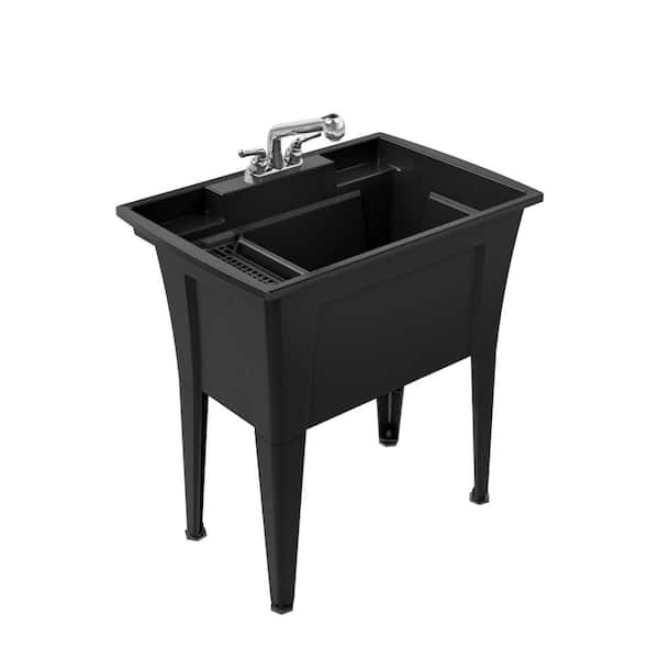 32 in. x 22 in. Black Freestanding Utility/Laundry Sink with 2-Handle  Pullout Faucet and Installation Kit