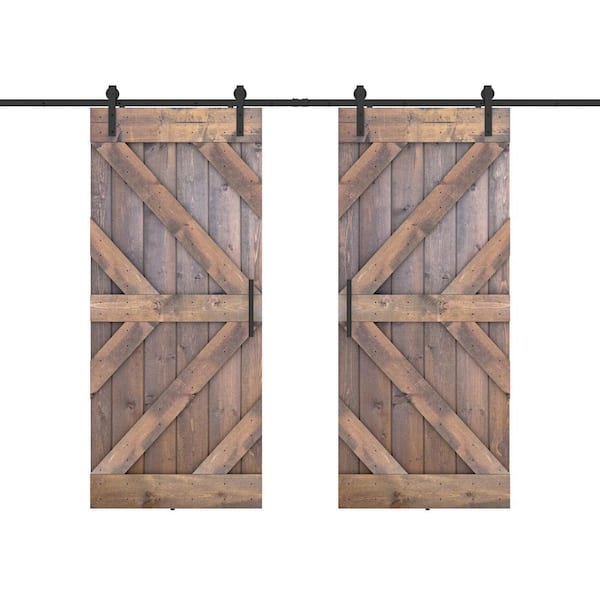Dessliy Triple KR 48 in. x 84 in. Briar Smoke Finished Pine Wood Sliding Barn Door with Hardware Kit (DIY)