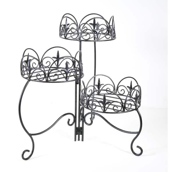 Panacea 21 in. Tall Black Finial Steel Folding Plant Stand, 3-Tier