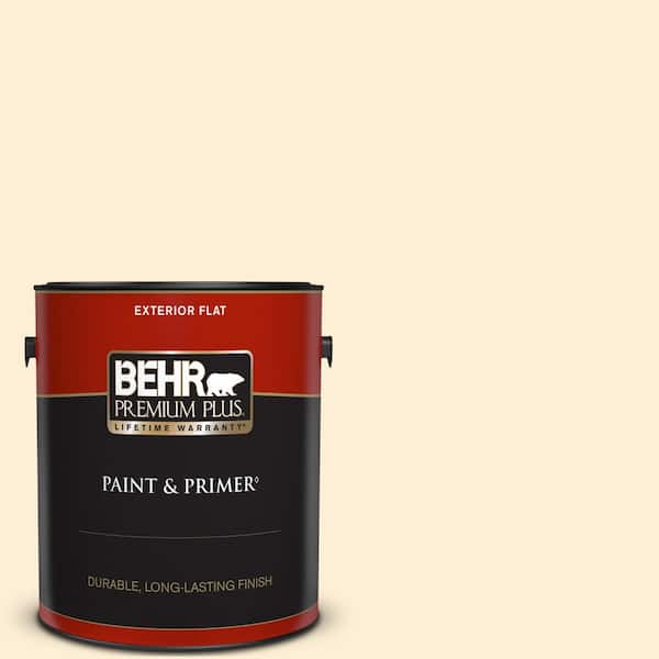 BEHR PREMIUM PLUS 1 gal. #310A-1 Ivory Invitation Flat Exterior Paint & Primer