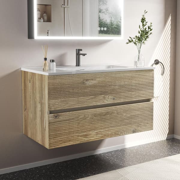 36 in. Modern Single Sink Floating Rough Oak Bath Vanity with White Ceramic Top