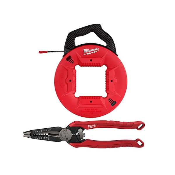 Milwaukee 50 ft. x 13 in. Polyester Fish Tape with Non-Conductive Tip with 9 in. 7-in-1 Combination Wire Strippers Pliers