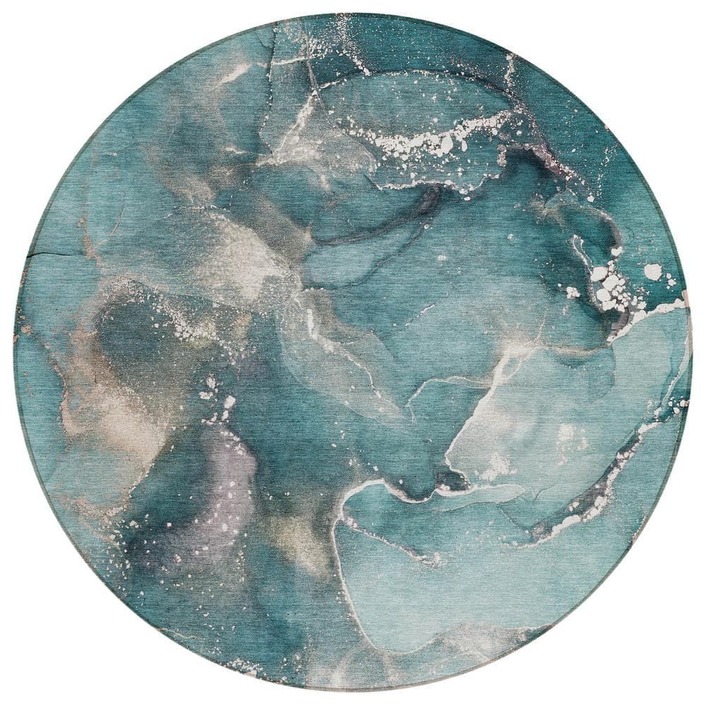 Teal Round Watercolor Pattern Machine Washable Area Rug
