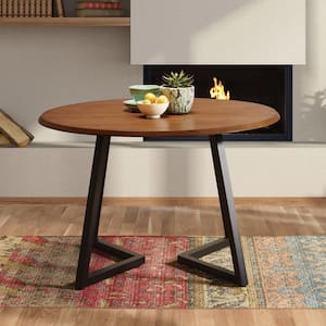 Metro Round Wood Oak Veneer Top 45.5 in. Black Metal Double Pedestal Base Dining Table, Seats 4