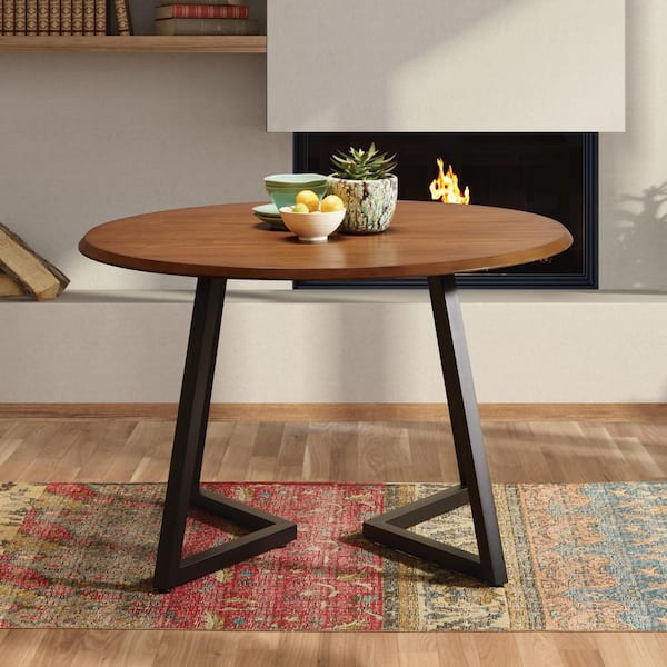 OSP Home Furnishings Metro Round Wood Oak Veneer Top 45.5 in. Black Metal Double Pedestal Base Dining Table Seats 4 MET45D OAK The Home Depot