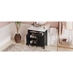 35.83 in. W Single Sink Freestanding Bath Vanity in Black with White Solid Surface Top, 2 Drawers, 3 Doors