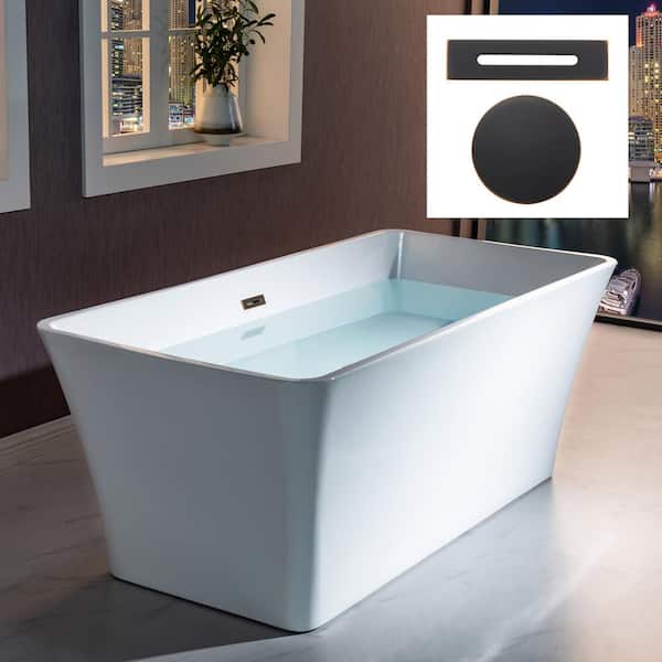 WOODBRIDGE Salem 59 in. Acrylic Freestanding Flat Bottom Double Ended Soaking Bathtub with ORB Drain and Overflow Included in White
