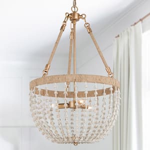 Modern Farmhouse Cage Drum Chandelier, 3-Light Gold Transitional Chandelier pendant light with Handmade Fabric Flowers