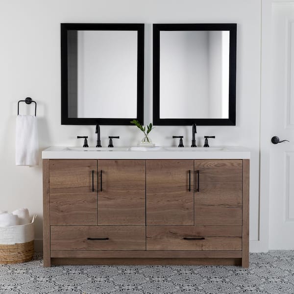 Home Decorators Collection Radien 61 in. W x 19 in. D x 34 in. H Double Sink Freestanding Bath Vanity in Halifax Oak with White Cultured Marble Top