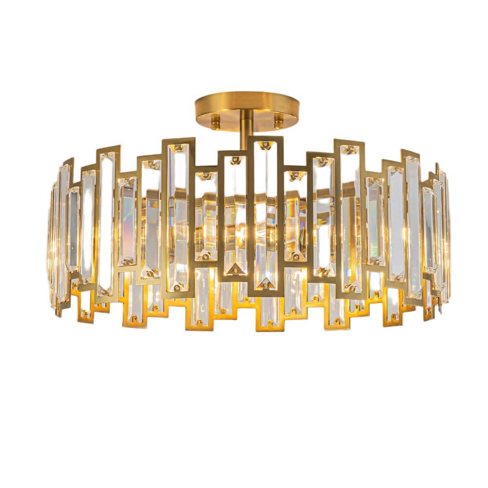 Joey 17.72 in. 3-Light Drum Brushed Brass Triangular Crystal Semi-Flush Mount Ceiling Light for Bedroom price history on PriceWatchPro