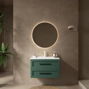 30 in. Floating Green Bath Vanity with White Ceramic Top and 2 Drawers Unassembled