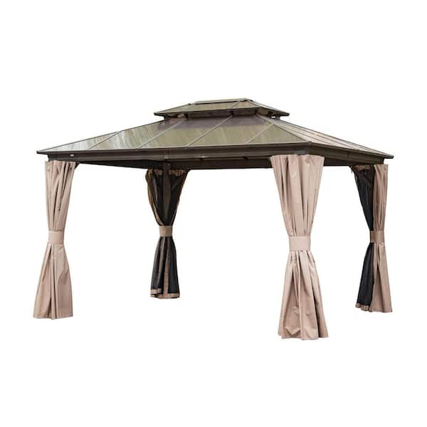 Beaulo 12 ft. x 10 ft. Aluminum Hardtop Gazebo in Brown with Double Polycarbonate Roofs and Mosquito Net