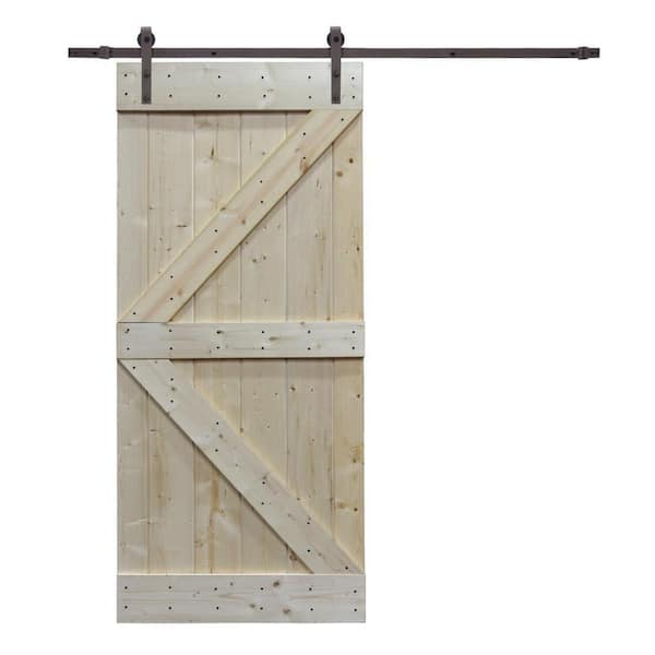 CALHOME 36 in. x 84 in. K Design Knotty Pine Wood Sliding Barn Door with Hardware Kit