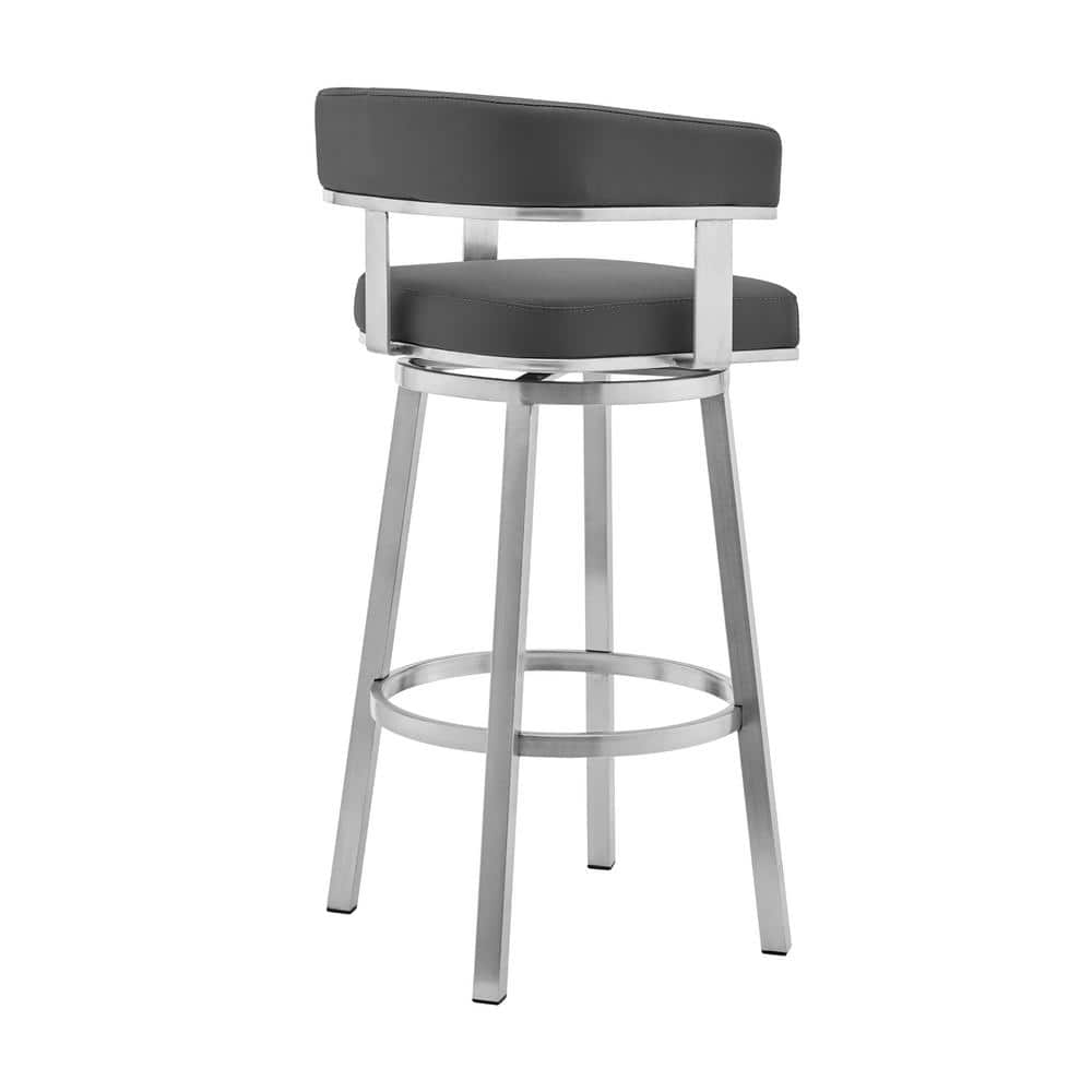 Gray Faux Leather Swivel Bar Stool with Stainless Steel Frame