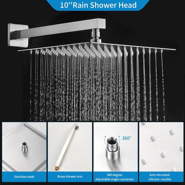 Rainfall Shower Head 10" Square Handheld Spray Wall Rail Adjustable Inlet Mixer 