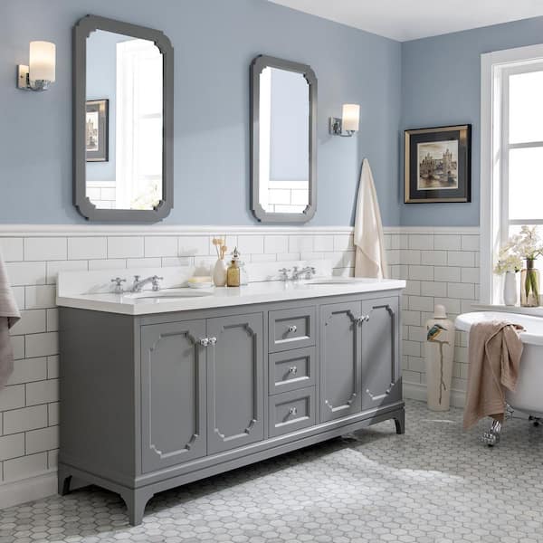 Queen 72 in. Cashmere Grey With Quartz Carrara Vanity Top With Ceramics White Basins