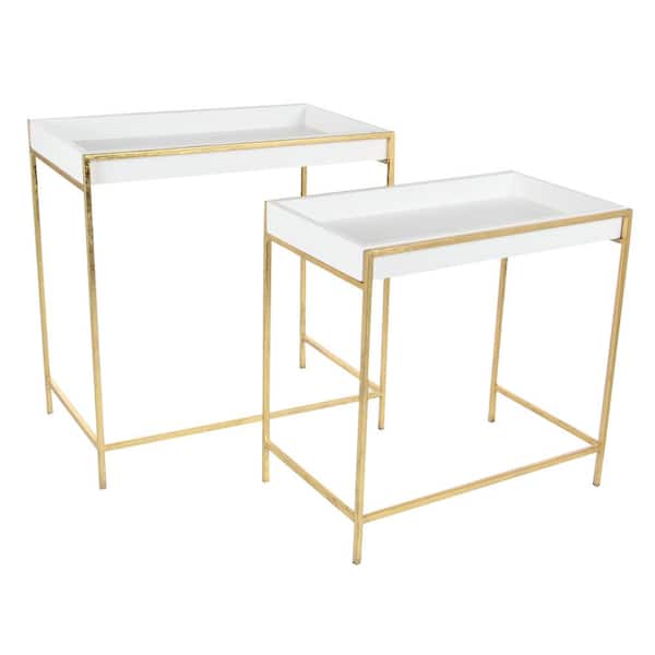 Litton Lane 22 in. White Large Rectangle Wood Nesting Geometric Console Table with Gold Metal Legs (2- Pieces)