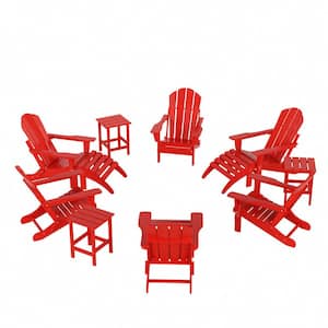 Addison Red 12-Piece HDPE Plastic Folding Adirondack Chair Patio Conversation Seating Set with Ottoman and Table