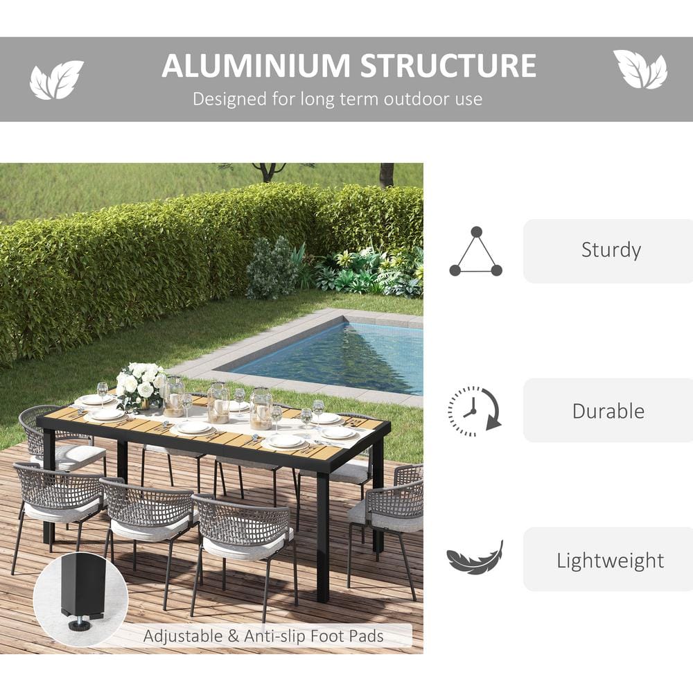 Natural Wood-Like Slat Top Rectangular Outdoor Dining Table with Black Aluminum Frame
