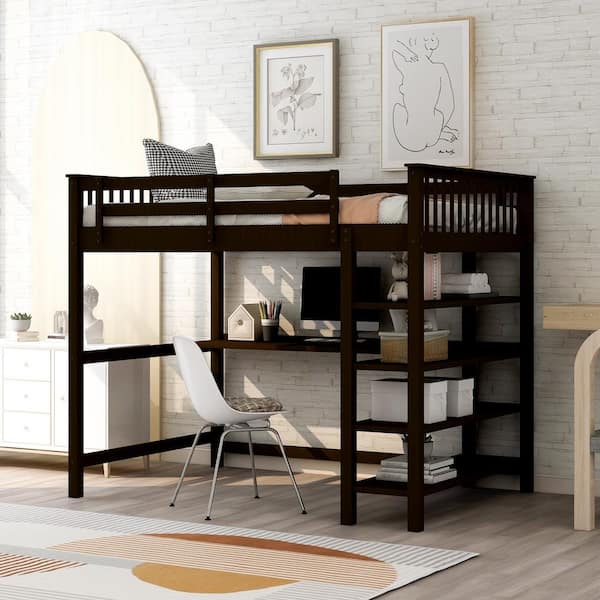 Espresso Full Size Loft Bed Rubber Wooden With Storage Shelves And Under Bed  Desk Wq444680Eet - The Home Depot