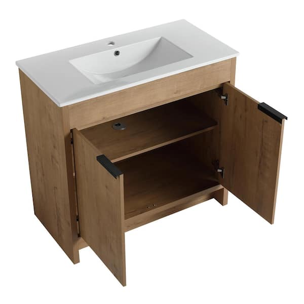35.04 in. W x 17.91 in. D x 33.46 in. H Single Sink Freestanding Bath Vanity in Imitative Oak with White Ceramic Top