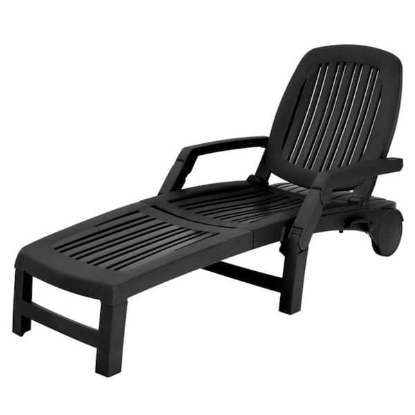 Clihome 1-Piece Black Plastic Adjustable Patio Sun Outdoor Chaise Lounge Weather Resistant with Wheels