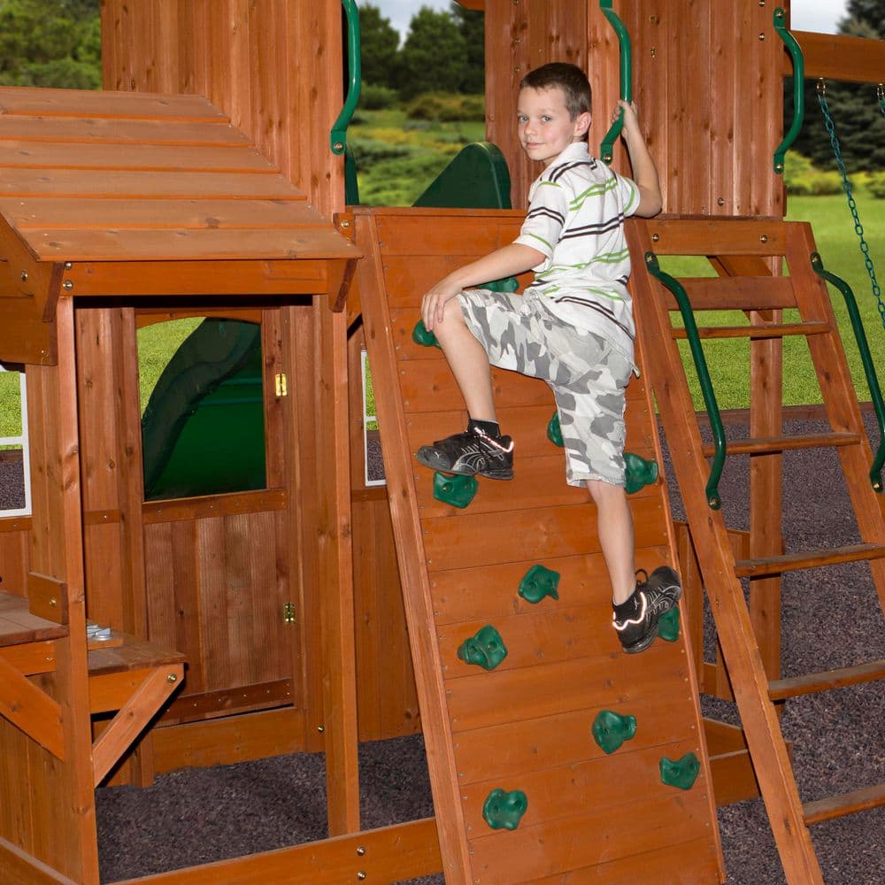 Shenandoah Cedar Wood Swing Set with Green Slide and Playhouse