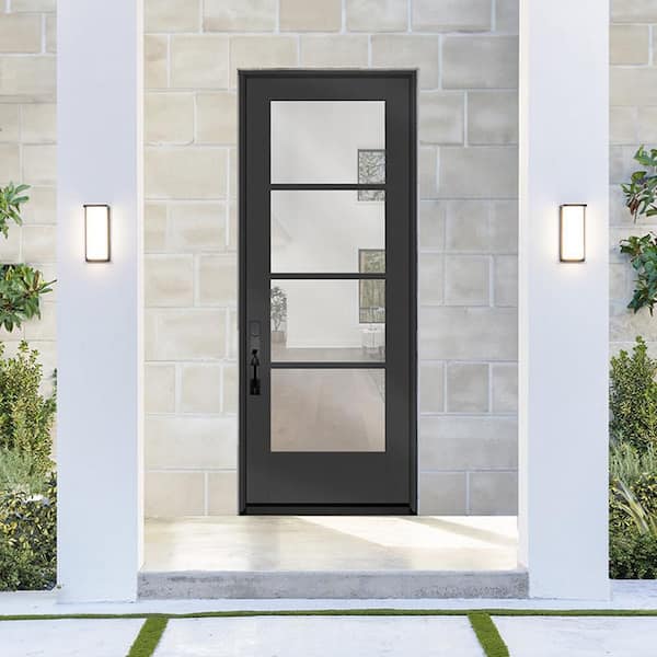 Legacy 36 in. x 96 in. Icon 4-Lite Modern Clear Glass RHIS Black Fiberglass Prehung Front Door with 6-9/16 in. Jamb