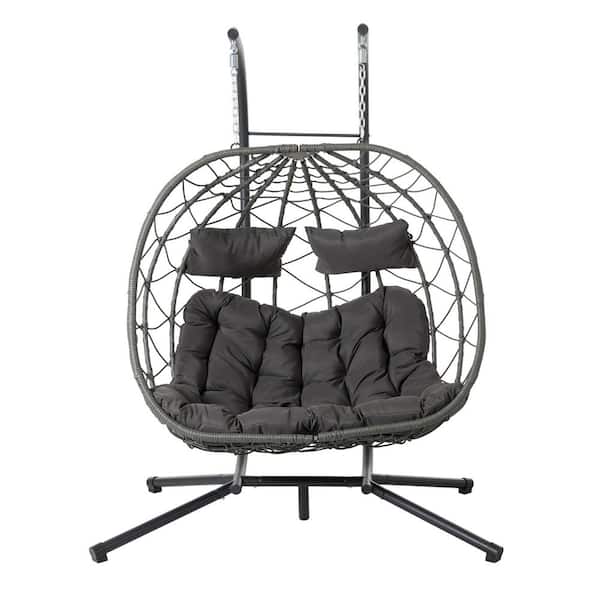 Outdoor Wicker Patio Swings 2 Persons Hanging Egg Chair with Cushions and Stand in Dark Gray