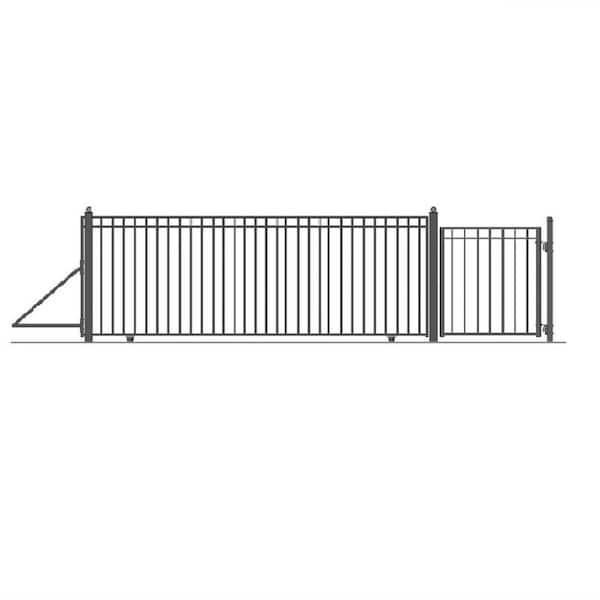 ALEKO 25 ft. x 6 ft. Black Steel Single Sliding Driveway Gate Madrid Style 20 ft. with Pedestrian Gate 5 ft. Fence Gate