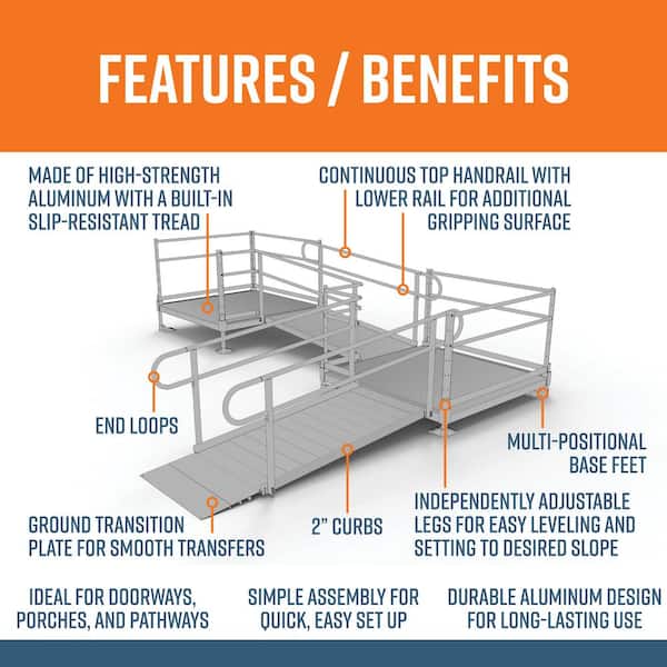 PATHWAY 12 ft. L-Shaped Aluminum Wheelchair Ramp Kit with Solid Surface Tread, 2-Line Handrails and (2) 5 ft. Platforms