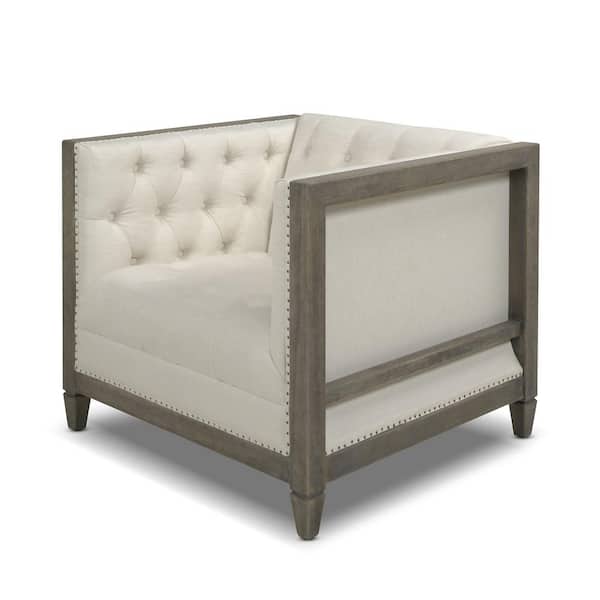 Jennifer Taylor Sylvan 34 in. Natural White Linen Farmhouse Oak Tuxedo Arm Chair