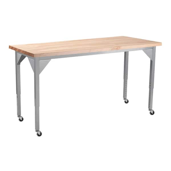 National Public Seating Heavy Duty Height Adjustable Table with Casters 30 in. x 72 in. Grey Frame Butcher Block Top