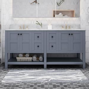 73 in. W x 22 in. D x 40 in. H Double Sink Freestanding Bath Vanity in Grey with White Marble Top and Storage Cabinet