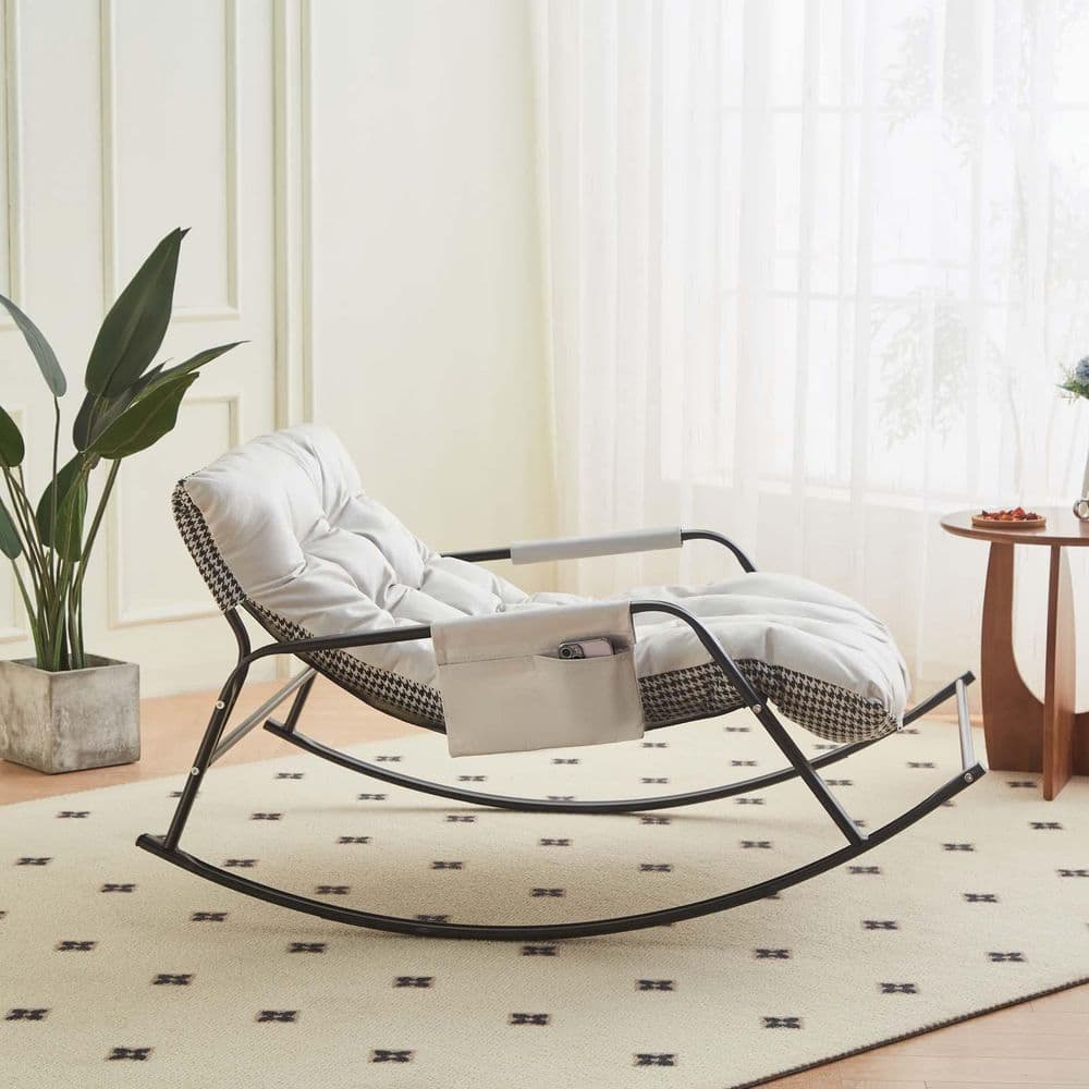 Large Indoor Outdoor Extra-Wide PU Upholstered White Rocking Chair, Comfy S