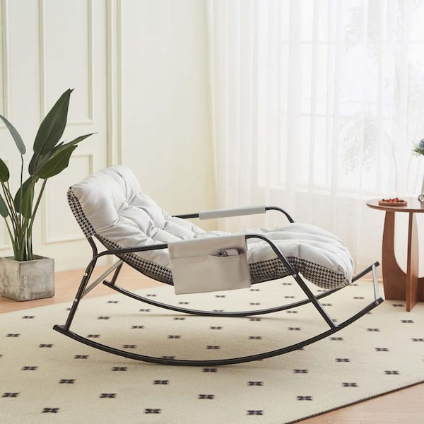 Large Indoor Outdoor Extra-Wide PU Upholstered White Rocking Chair, Comfy Side Chair Modern Accent Chair for Living Room