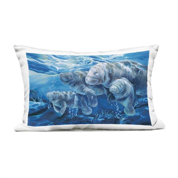 Underwater Manatee Family Blue Rectangular Outdoor Throw Pillow