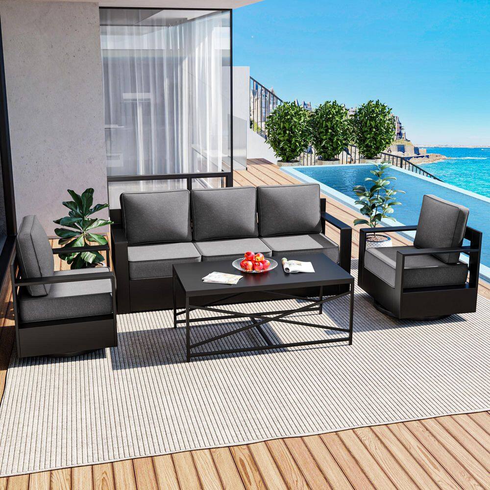 4-Piece Aluminum Armrest Patio Conversation Set with Swivel Rocking Chair, Coffee Table and Gray Cushions price history on PriceWatchPro