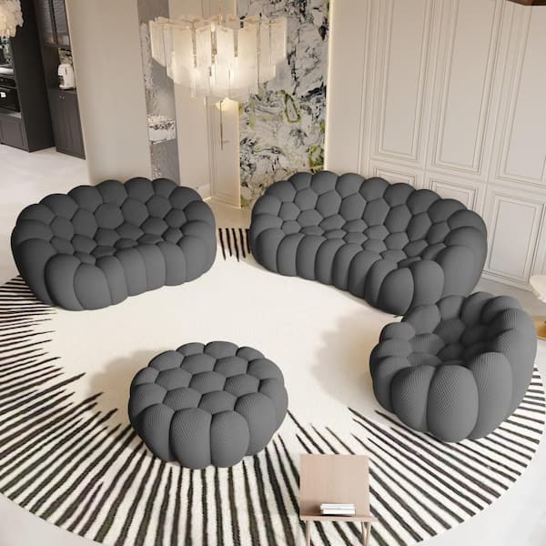 4 pieces 98.43 in. W Slope Arm Soft Upholstered 3D Textured Knit Fabric Extra-Deep Modular Sofa in Gray
