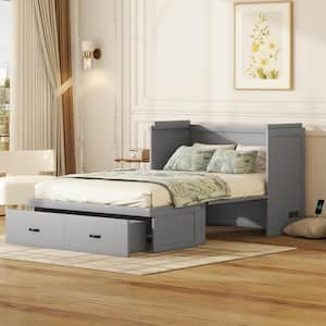 Gray Wood Frame Full Size Murphy Bed with USB Ports and 2-Drawer