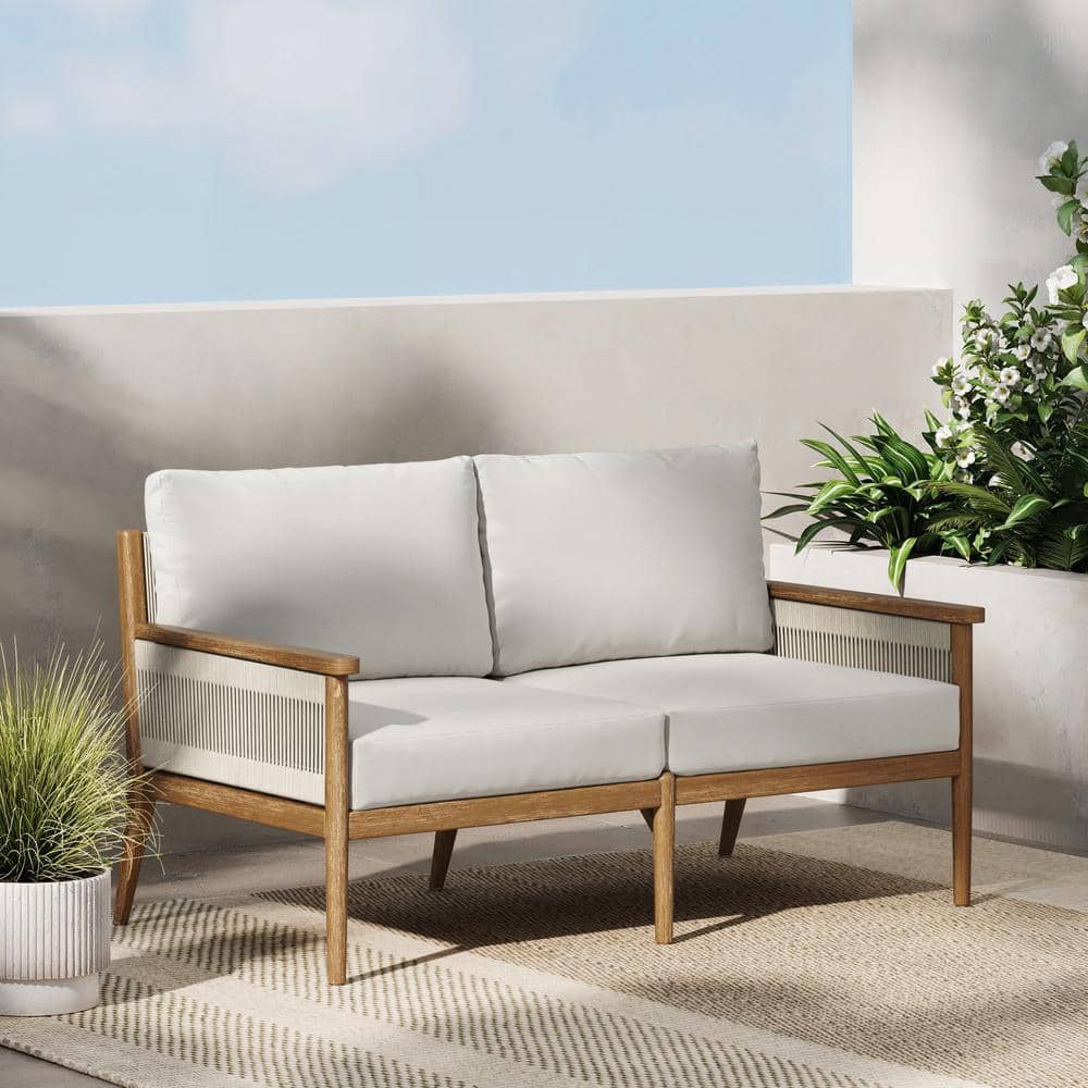 Kayden Light Brown Acacia Wood Outdoor Loveseat with Gray Cushions