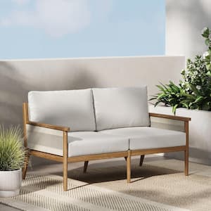Kayden Bohemian Brushed Light Brown Solid Acacia Wood Frame Upholstered Outdoor Loveseat with Gray Cushion