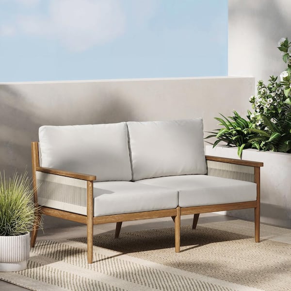 Kayden Bohemian Brushed Light Brown Solid Acacia Wood Frame Upholstered Outdoor Loveseat with Gray Cushion