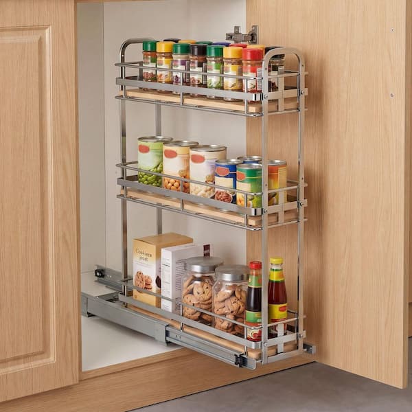 Pull Out Spice Rack Organizer, 3 Tier Slide Out  Silver Cabinet Basket, Height Adjustable Metal Rack, 5.75 x 20.98 in.