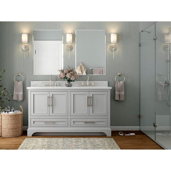 Home Decorators Collection Lareda 60 in. W x 22 in. D x 35 in. H Double Sink Freestanding Bath Vanity in Light Gray with Carrara Marble Top