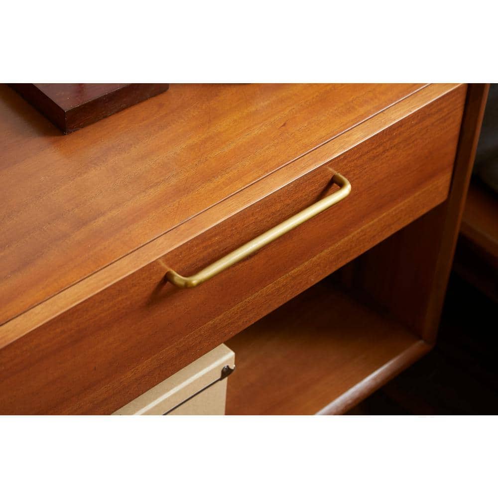 Walnut Acacia Wood Nightstand with Brass Handle and Shelf
